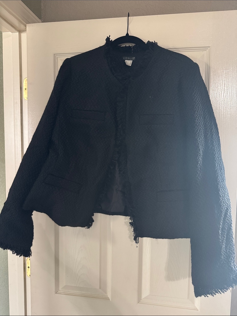 VENUS Black Tweed Fringe Trim Collarless Jacket
